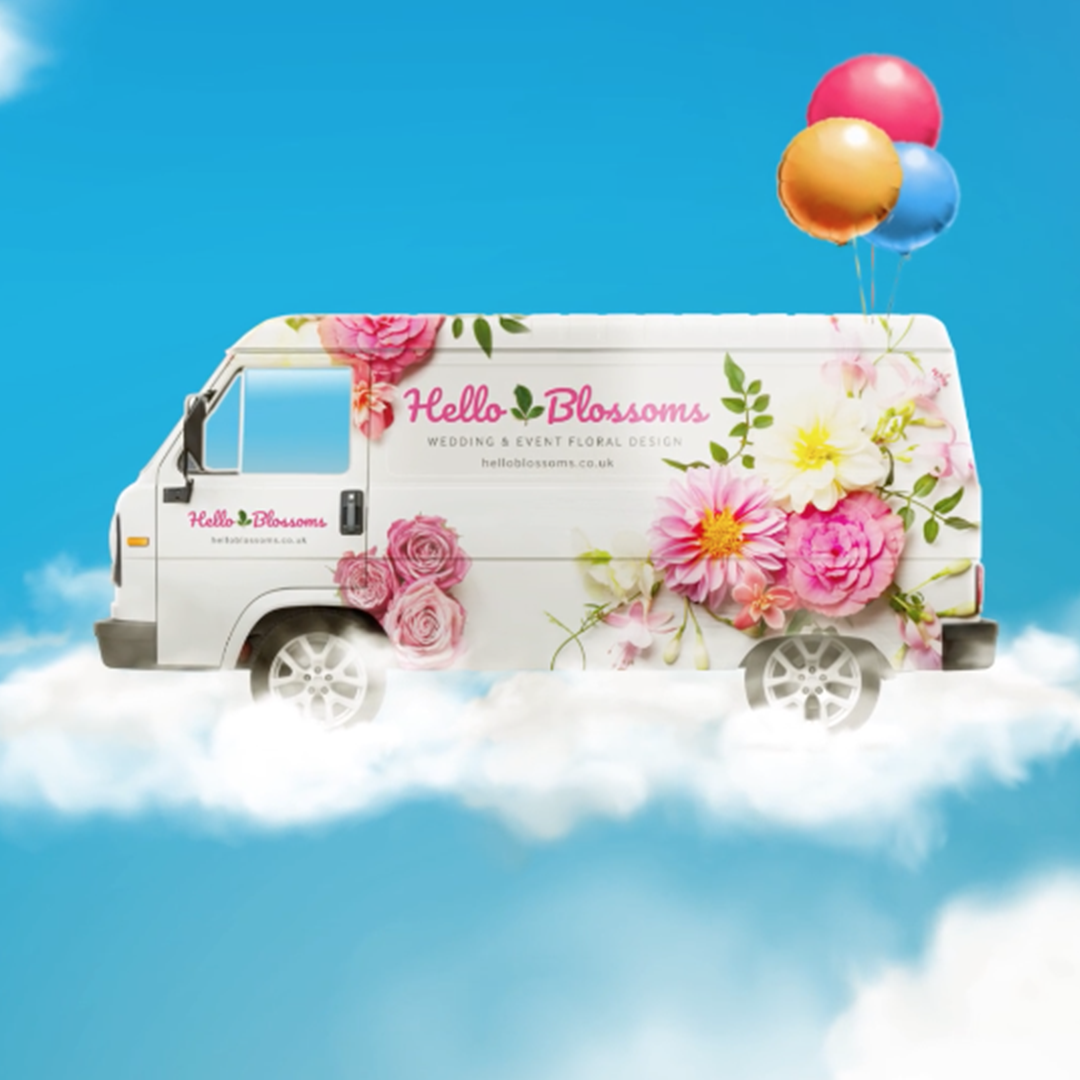 Close Brothers Motor Finance floating floral van on a cloud attached to balloons