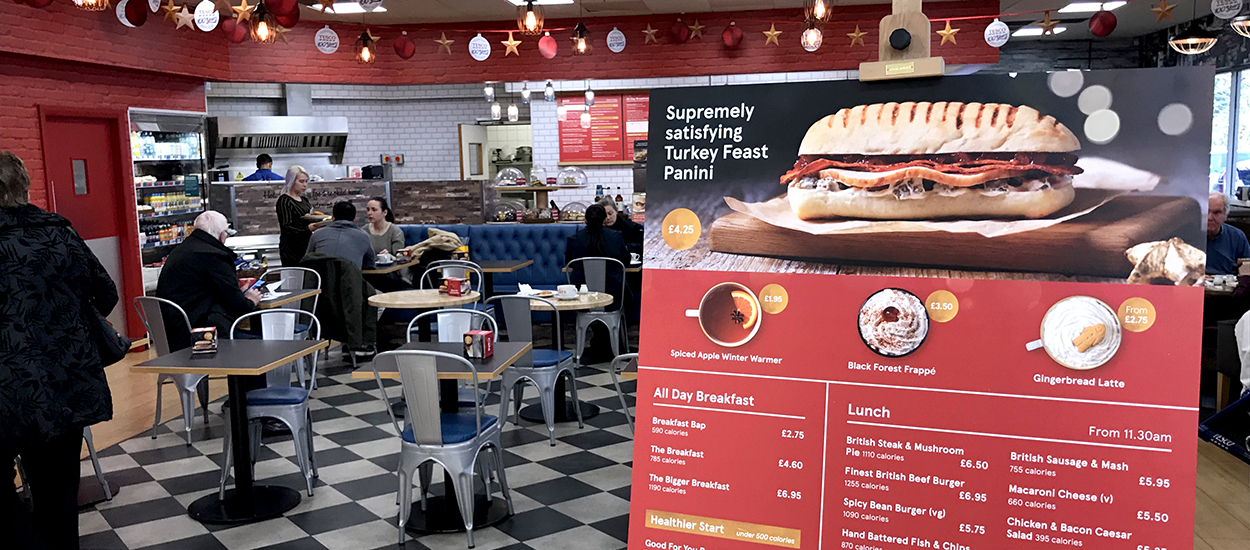 Seasonal Christmas printed Point of Sale (POS) in a Tesco Cafe