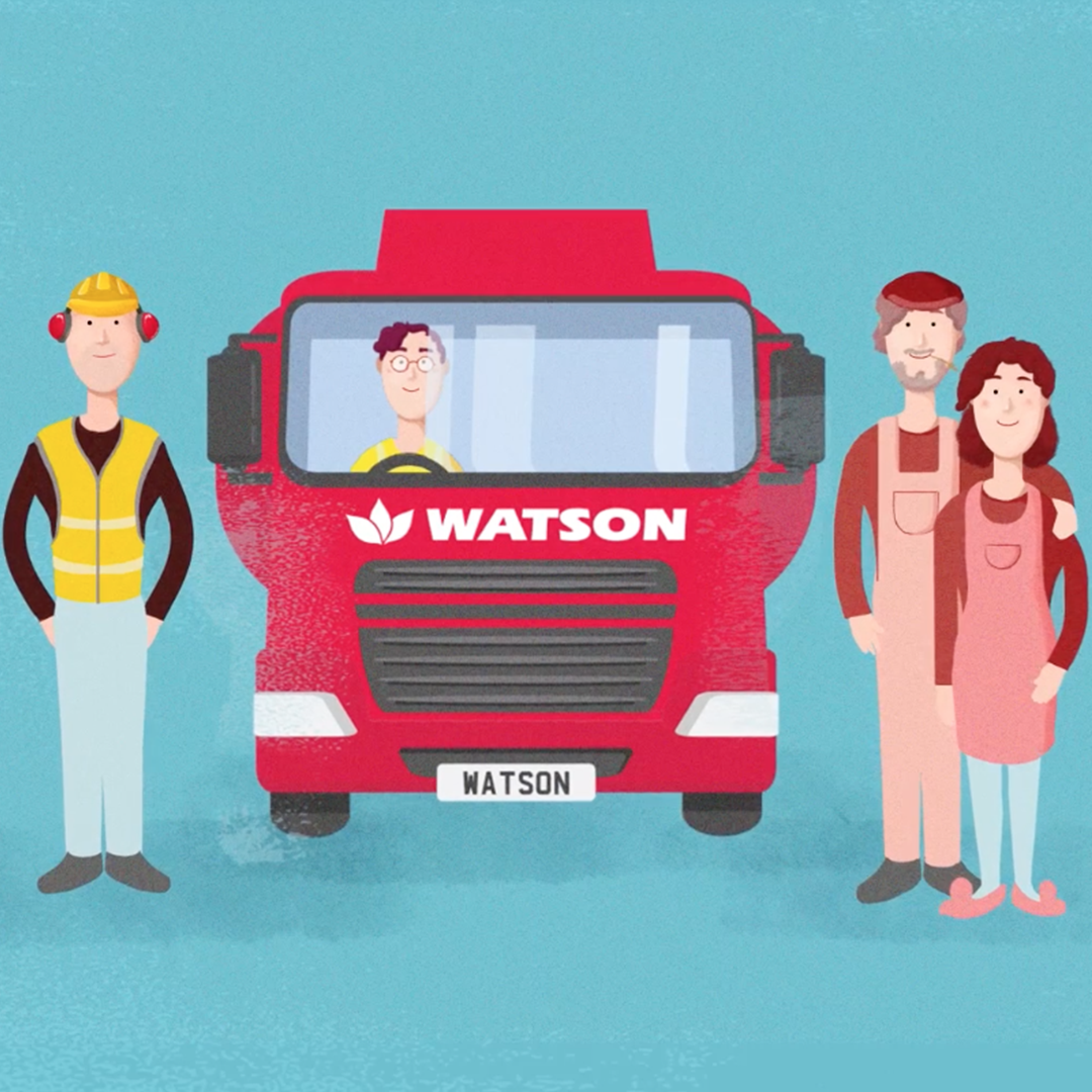 Watson Fuels animated red tanker and characters